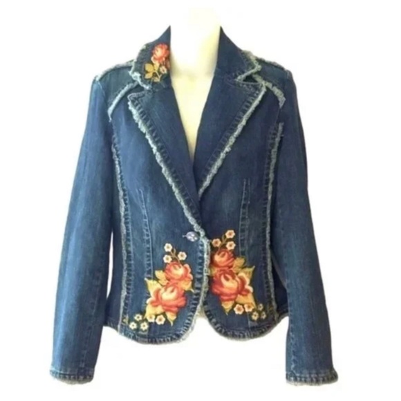 Floral Embroidered Denim Jean Jacket Bohemian Colorful Y2K Kikit Jeans sz Large - Picture 2 of 10